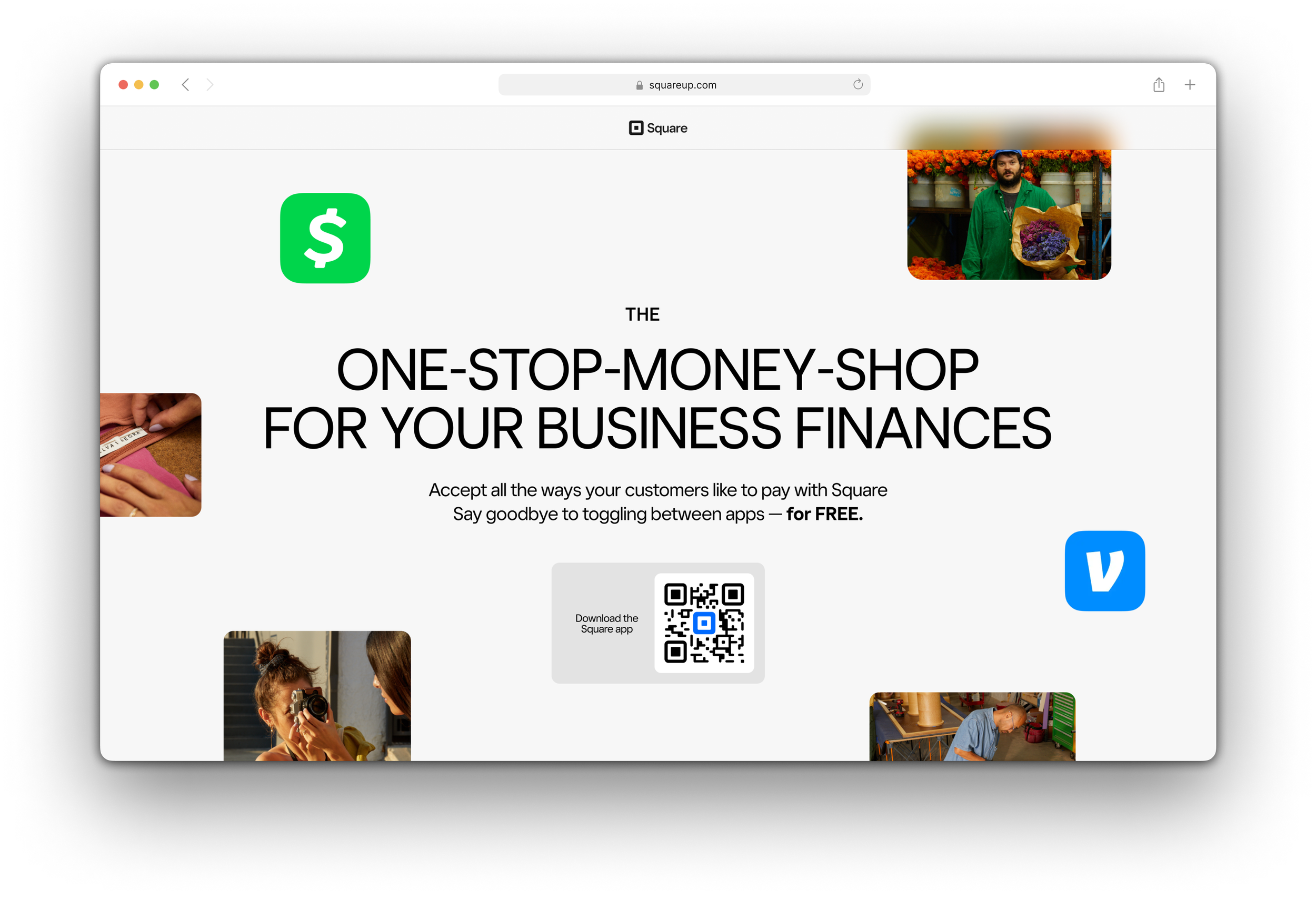 Square One - Browser mockup showing landing page